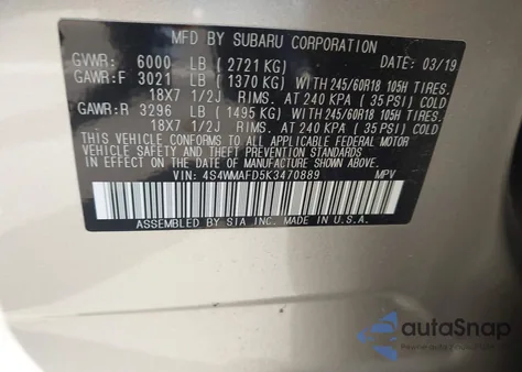 2019 Subaru Ascent Premium из США, поврежденный, VIN 4S4WMAFD5K3470889